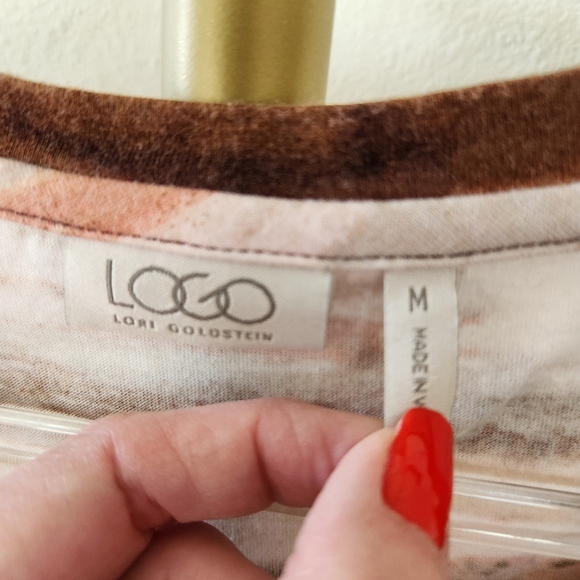 LOGO Lori Goldstein Short Sleeve Lace Hem Tunic Top Womens Size Medium Brown - Picture 5 of 7